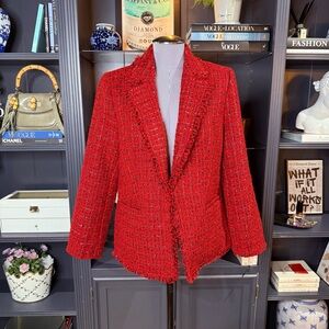 Chico’s Red Tweed Blazer with Fringe Trim – Size 1 (US 8)